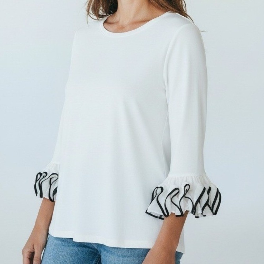 Ali Miles Top Women 1X White Ruffle Cuff Tunic Plus Size Stretch Minimalist‎